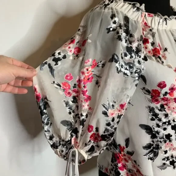 WHBM white pink floral burnout sheer top XXS NWT - Picture 6 of 14